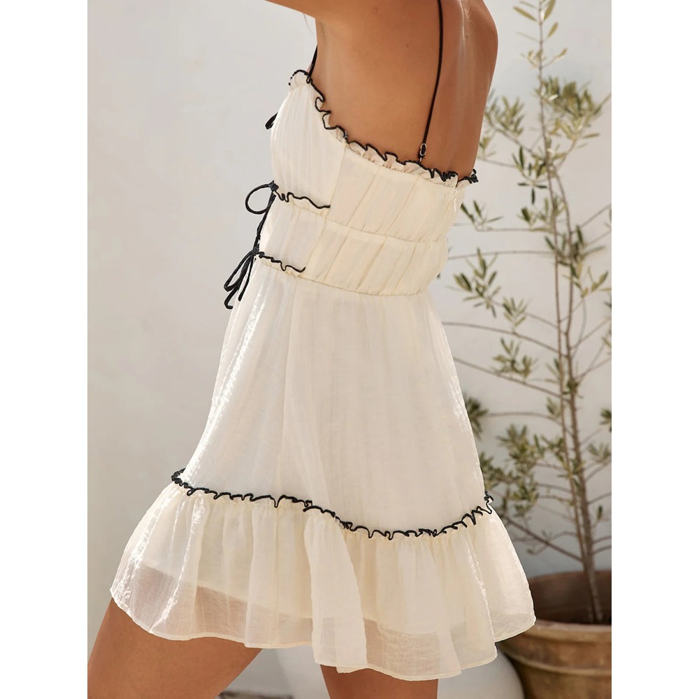 Commense Boho Chic White Mini Dress with Black Tie Details Summer Beach Sundress - Picture 3 of 10